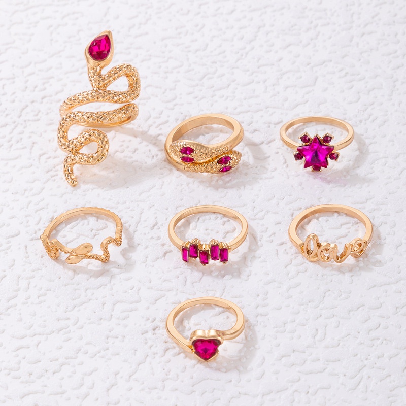 New Arrival Populer Mawar Merah Serpentine Ular Cincin Cinta Hati Bintang Surat Cinta 7 Pcs Cincin Set Perhiasan Pesta Untuk Wanita