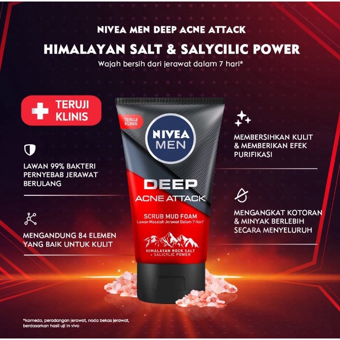 ❤ RATU ❤ Nivea Men Facial Foam Deep Acne Attack Scrub Mud | 50ml | 100ml | Acne Defence + Purify | Pore Minimizing Cool | Dark Spot | Anti Shine | Bright Oil Clear | Jerawat | Mencerahkan