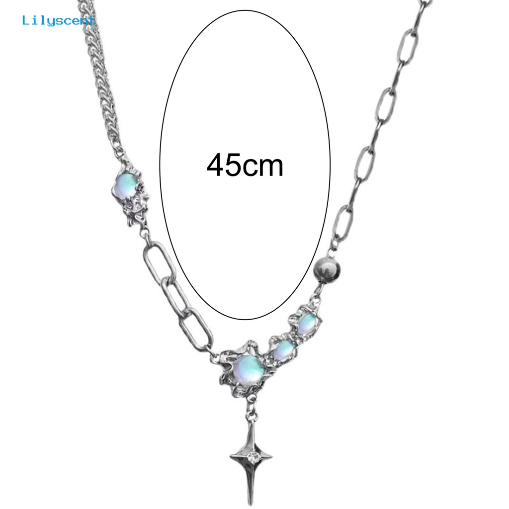 [LS] Wanita Kalung Faux Moonstone Bright Luster Hias Adjustable Semua Pertandingan Perhiasan Hadiah Baja Titanium Lady Bintang Berujung Empat Liontin Kalung Rantai Klavikula Untuk Pakaian Sehari-Hari