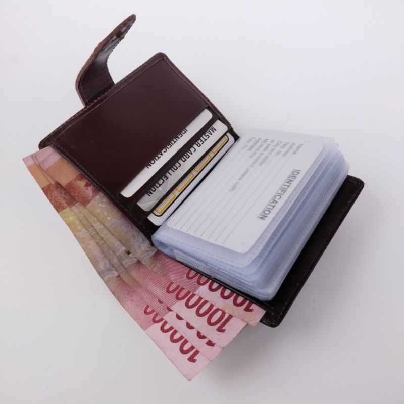 Card Holder Dompet kartu Kancing Polos Bahan Kulit Asli