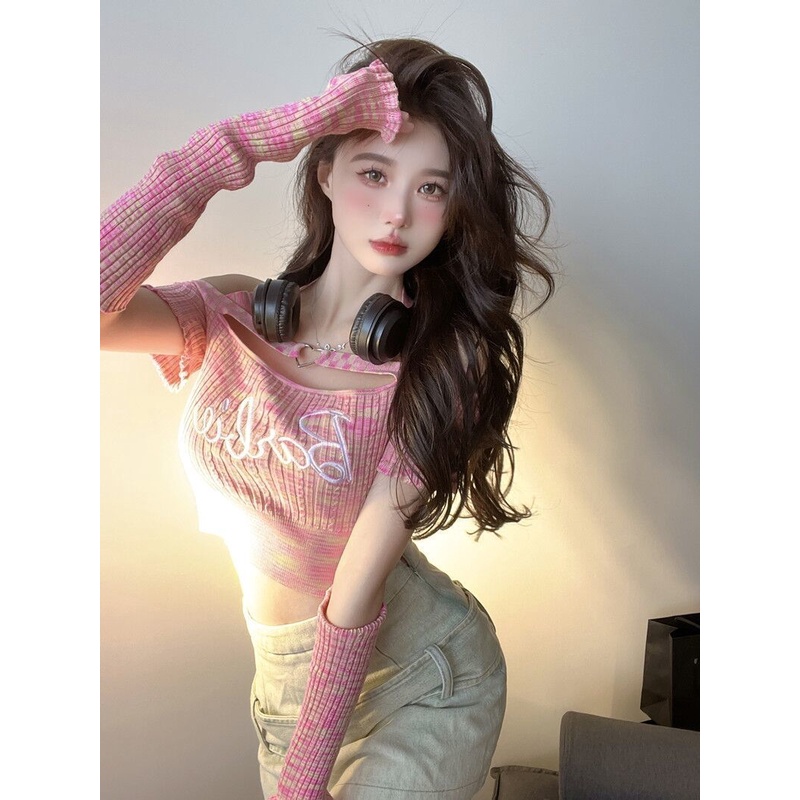 Red Bibi Barbie Rajutan T-shirt Lengan Pendek Wanita Bagian Tipis Awal Musim Gugur Baru Tabir Surya Kecil Gadis Panas Atasan Satu Bahu tanpa Tali