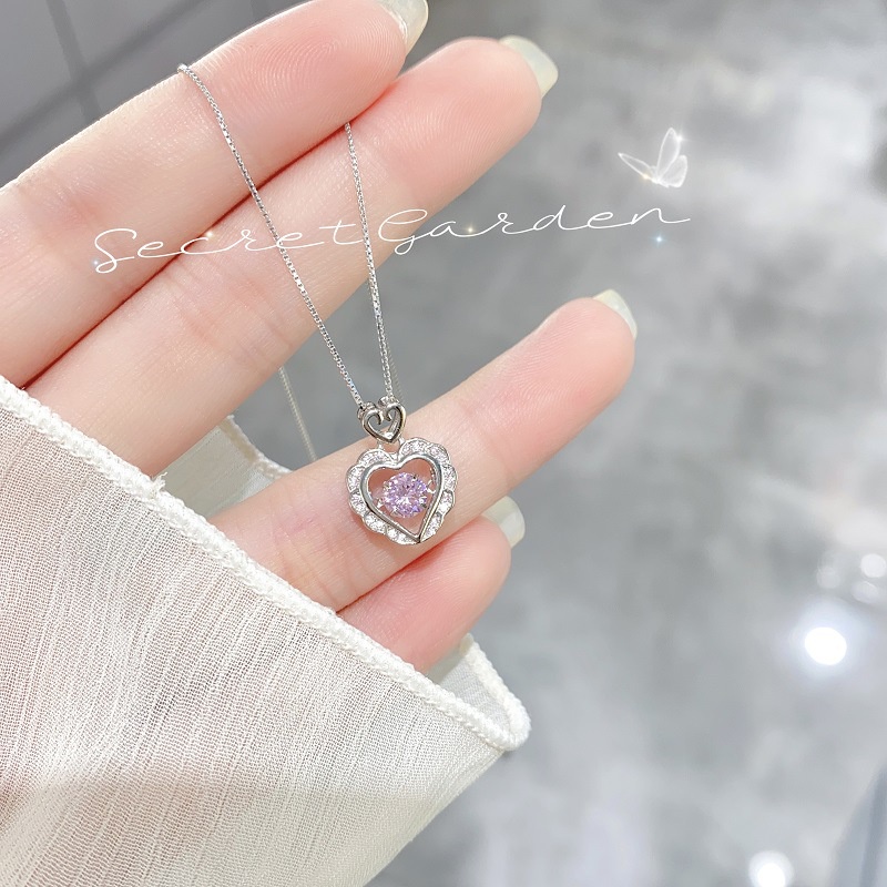 Kalung Liontin Kristal Pink Choker Rantai Hollow Hati Silver Untuk Aksesoris Perhiasan Wanita