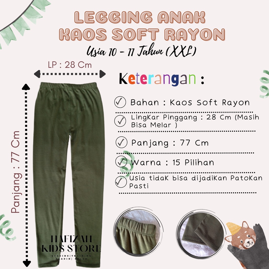 Legging Panjang Anak Kaos Soft Rayon Usia 10 - 11 th