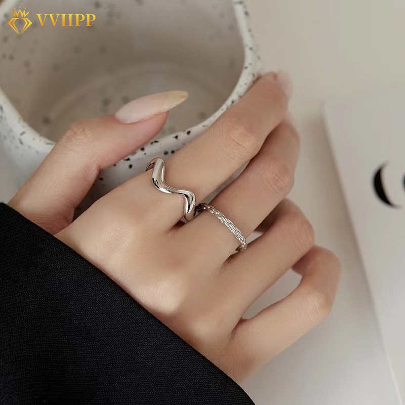 2pcs/set Fashion Cincin Gelombang Tidak Teratur Untuk Wanita Cincin Perak Perhiasan Aksesoris