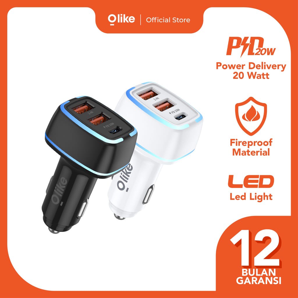 Olike Car Charger Powerful Secure Charging LED Light Power Delivery PD 20 Watt Fireproof Material R3