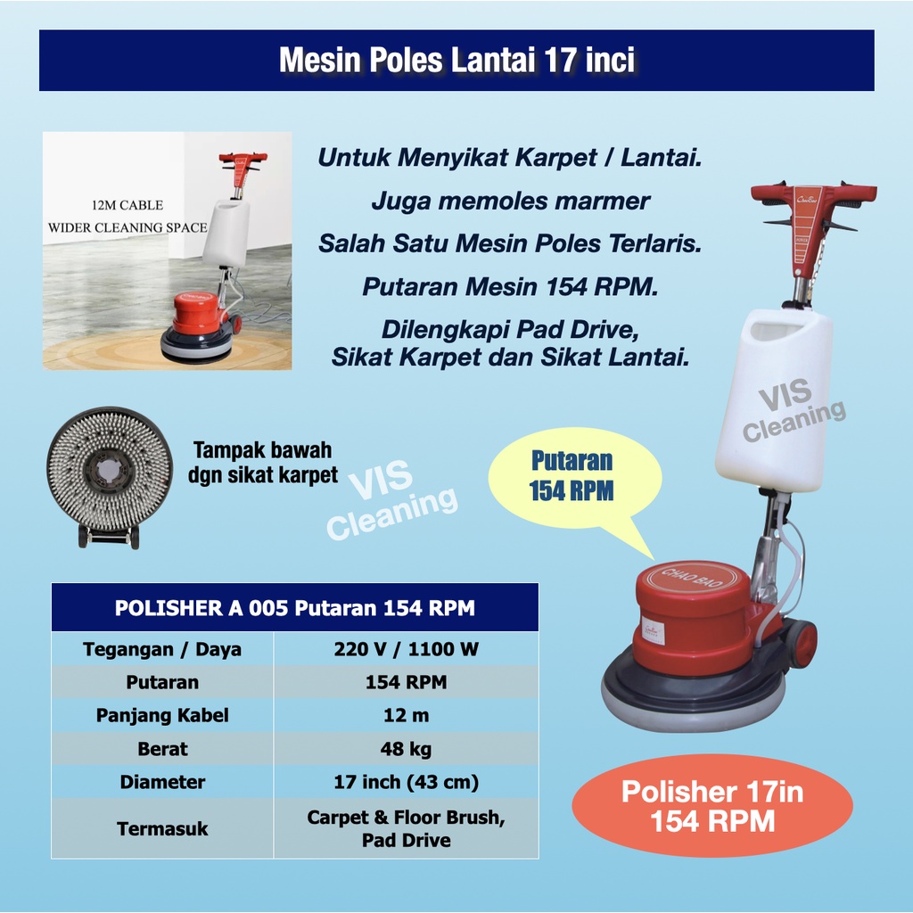 Polisher A005 17 inch 154 RPM ( Mesin Poles Lantai Multi Fungsi )