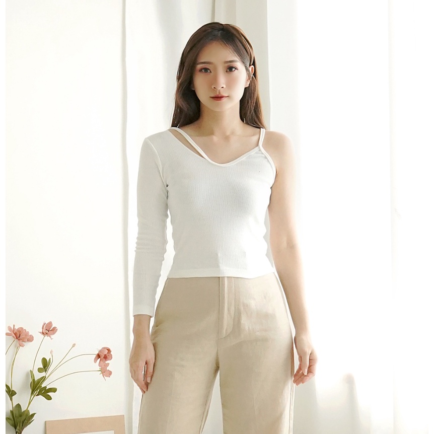 CAVALU Korean Knit Crop Top Lengan Panjang One Shoulder Top 192