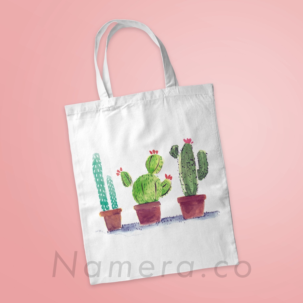 Tote Bag Resleting Kanvas Premium Fashion Tas Totebag Wanita Cactus Katus art