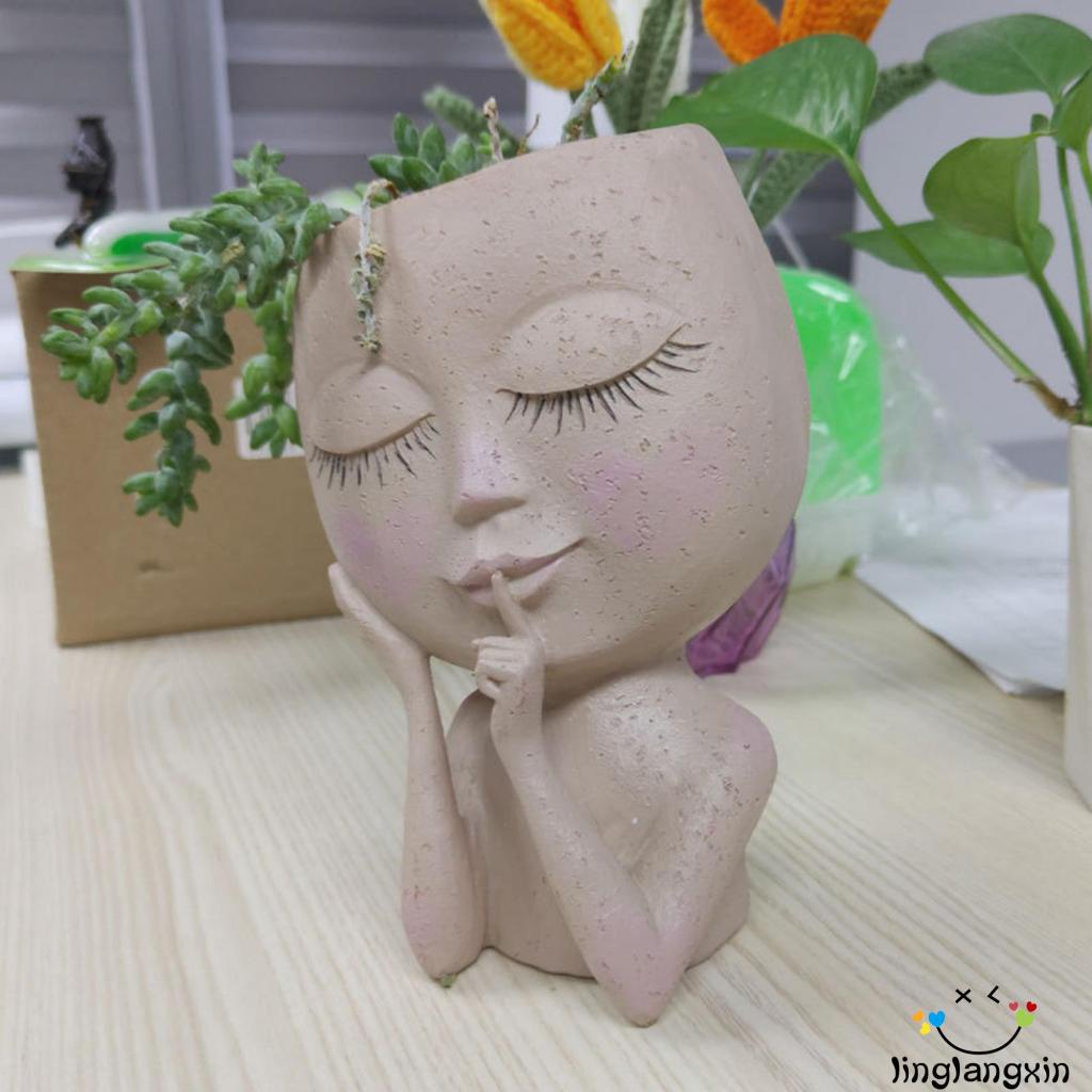 Llx-wajah Gadis Lucu Ornamen Holder Pot Bunga Resin Untuk Taman Rumah Kantor Desktop