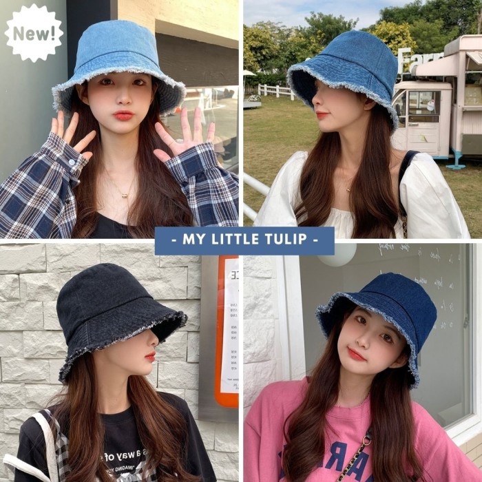 SALE -Topi Jeans Pria Wanita / Topi Bucket Hat Jeans Cowok Cewek Korea Style - Jeans Sedang  3.1.23