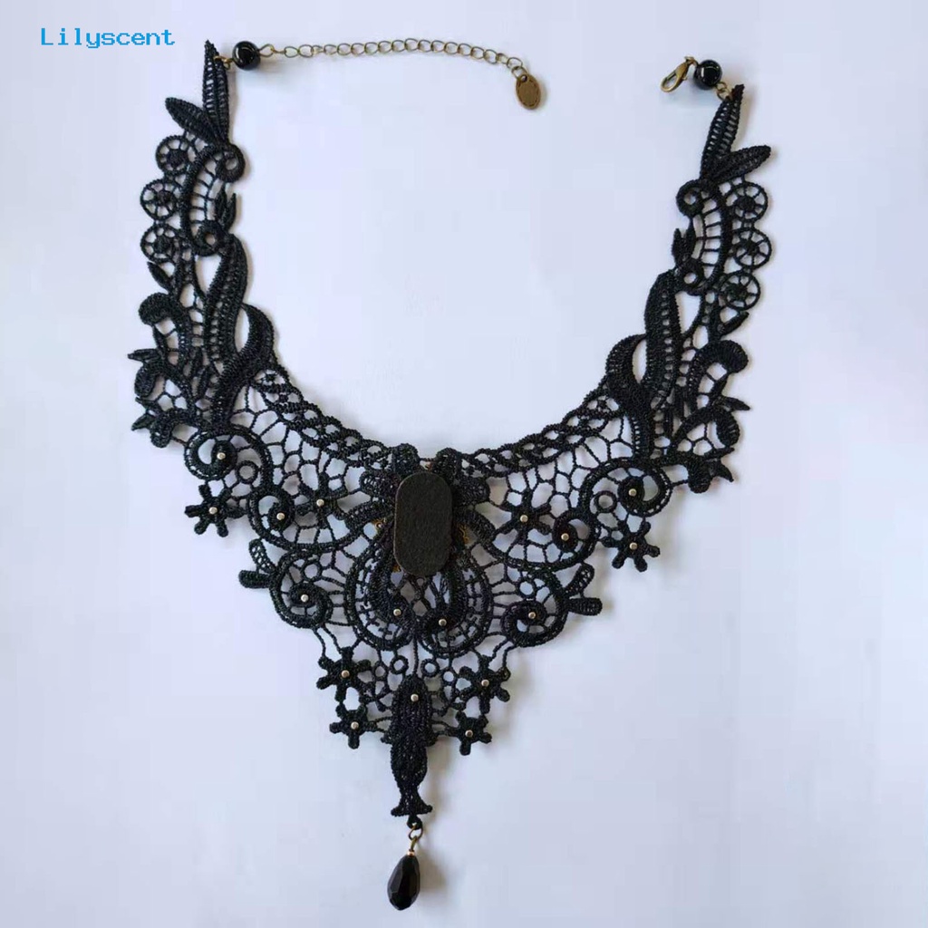 [LS] Kalung Wanita Manik-Manik Renda Hitam Hollow Out Adjustable Choker Necklace Untuk Pesta