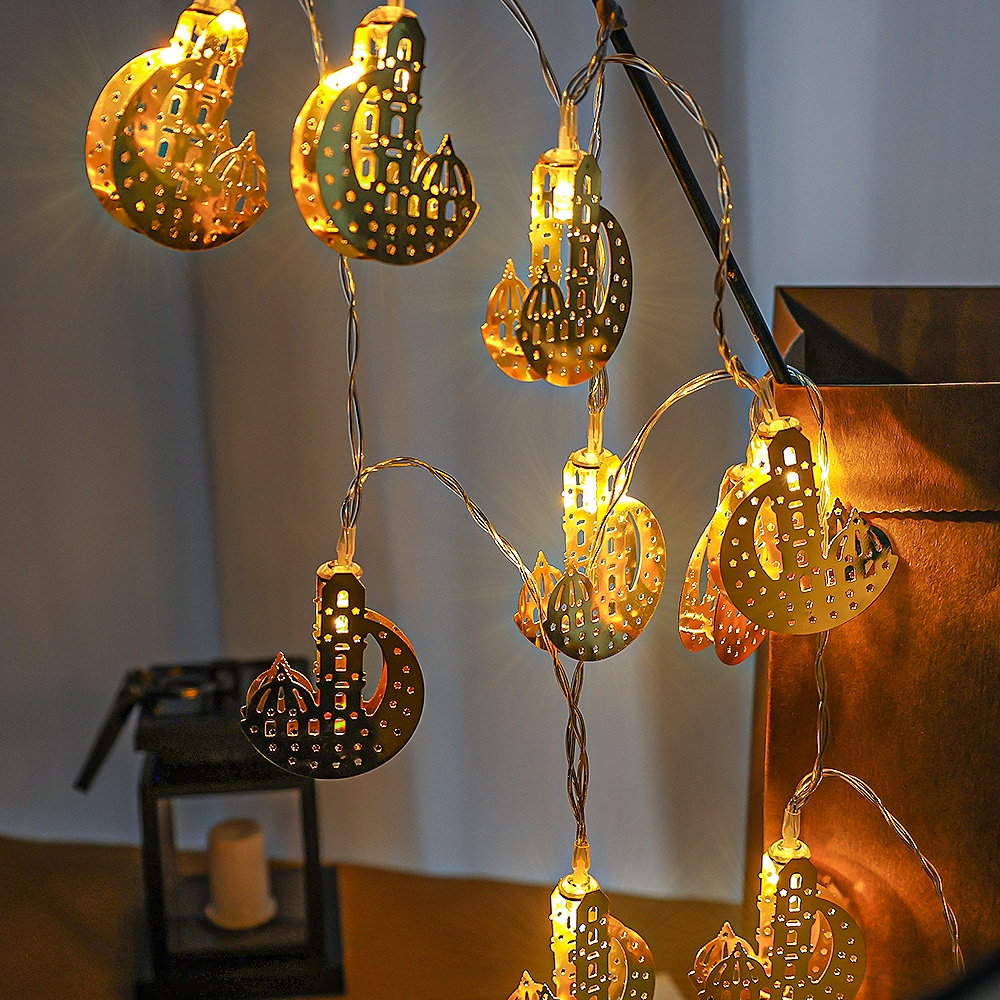 Castle Moon Star Gold Colour Lights Ramadhan Dekorasi Rumah 10LED Eid Mubarak Decor Perlengkapan Pesta Muslim Islami Lebaran Bulan Bintang Led String Light Iron Art Lampu String Led