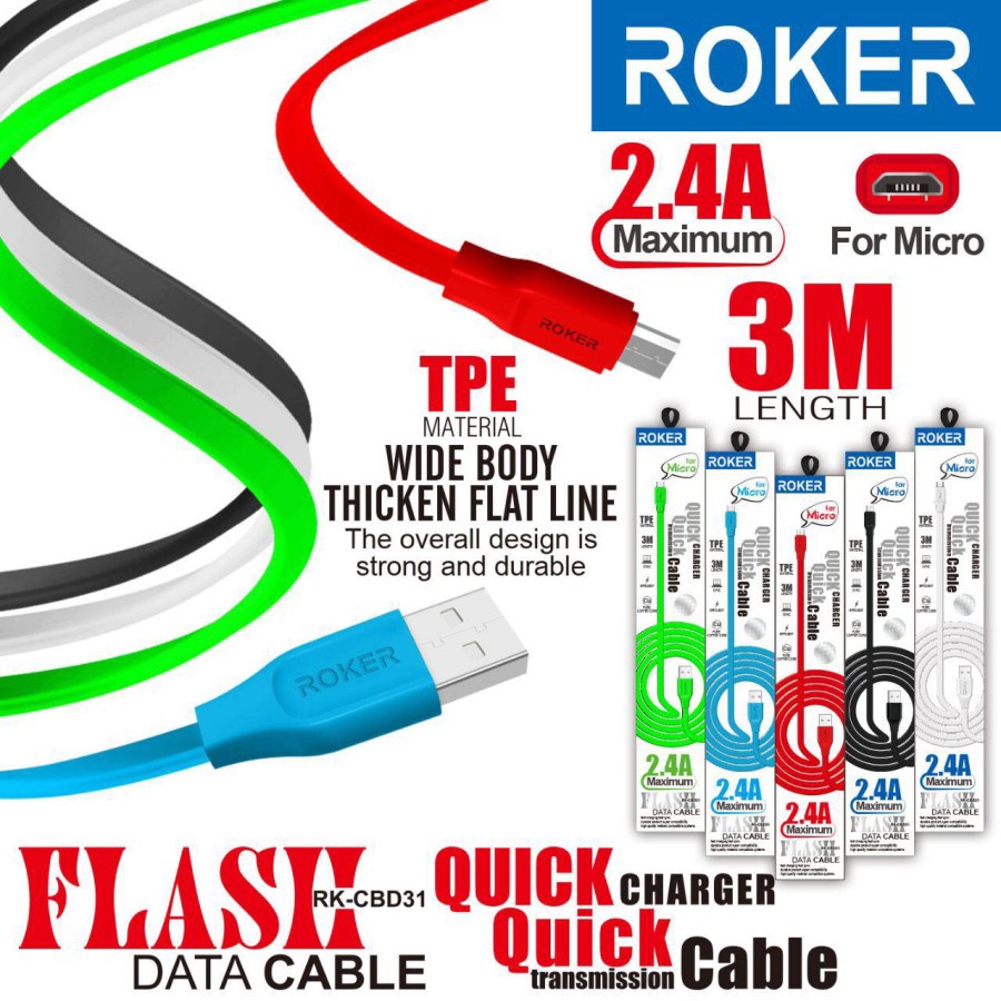 Kabel Charger Roker Flash 2.4A Micro USB Kabel Roker Micro Kabel Roker 2 4a Kabel Charger 3 Meter Ka
