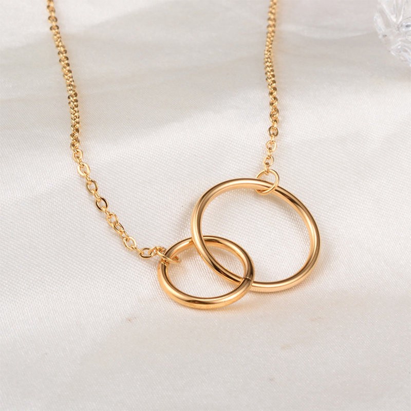 Kalung Double Ring Interlocking | Kalung Rantai Dengan Liontin Bulat Besar Untuk Wanita | Kalung Rose Gold 18k | Kalung Bahan Stainless Steel | Kalung Bahan Titanium Steel | Anting Hypoallergenic Untuk Hadiah Ulang Tahun