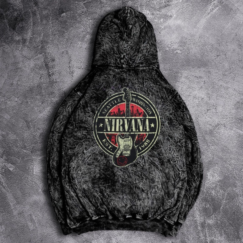 Hoodie Pria Sandwash Metal Terbaru Hits Nirvana Giutar Washed Grey Keren Kekinian
