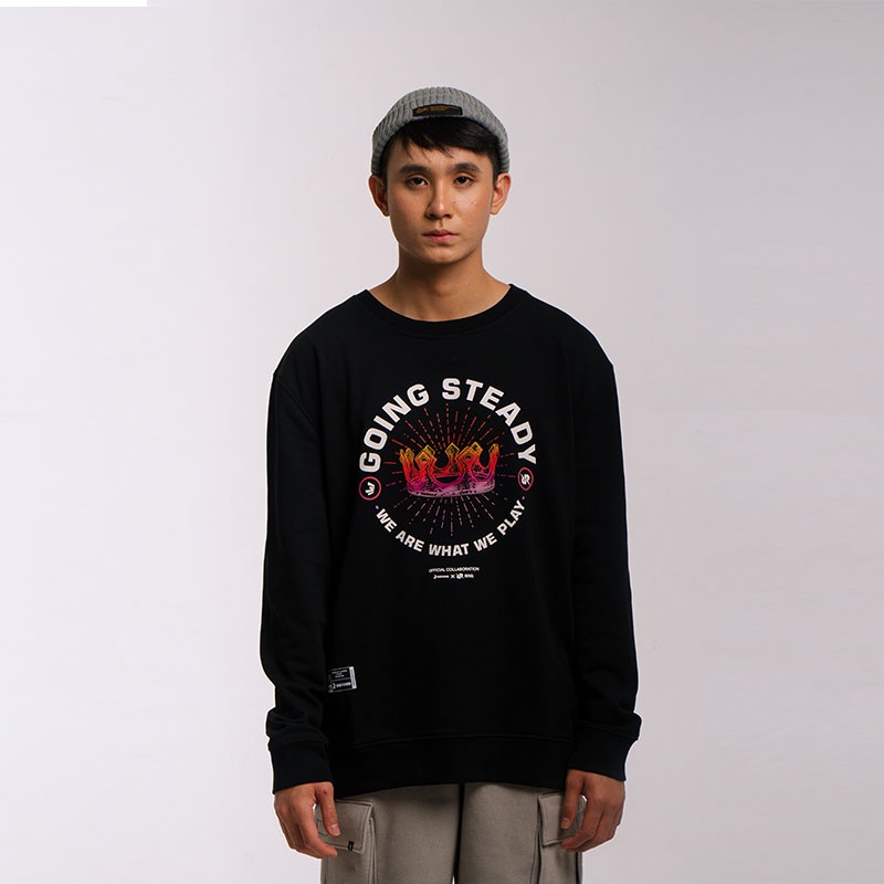 3Second x RRQ Original Jaket Sweater Oversize Cotton French Terry Round Neck Graphic Pria Hitam 0611