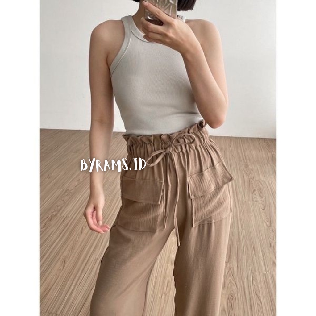 Celana Kulot Crinkle Pocket Highwaist Wanita Loose Cullote Pants Pocket