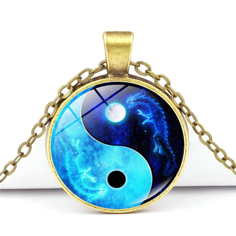 [AYBx] Baju Kaos Distro Pria Wanita Lengan Pendek Kalung Tai Chi Unisex Time Stone Cabochon Kaca Liontin Naga Bulan Yin Yang