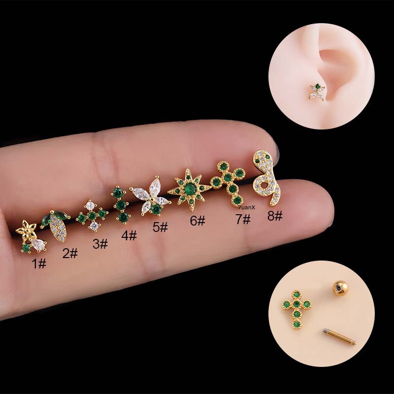 1biji Fashion Salib Hijau Kupu-Kupu Bentuk Ular Anting Stainless Steel Stud Helix Piercing 16Gauge Stainless Steel