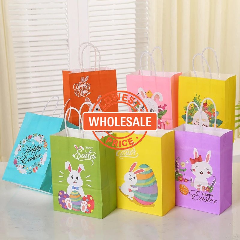 [Grosir] 8style Easter Kraft Paper Kekinian Tote Lucu Bunny Bermotif Tas Penyimpanan Barang Pesta Liburan Tas Permen Dan Kue