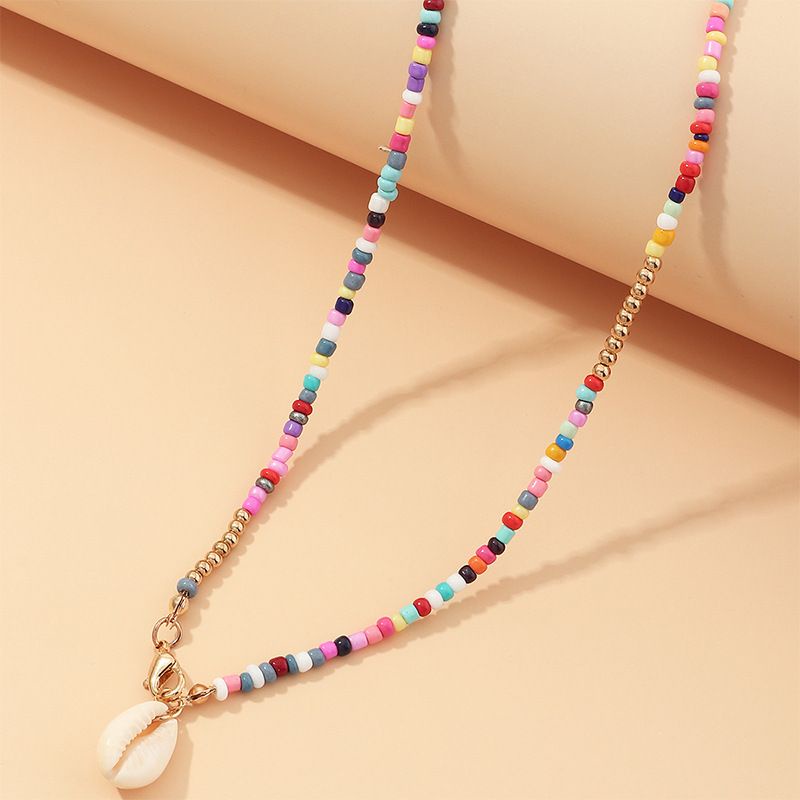 Kalung Manik Etnik Wanita Bohemian Style Warna Campur Mix Beads Liontin Kerang Double Layer Unik Style