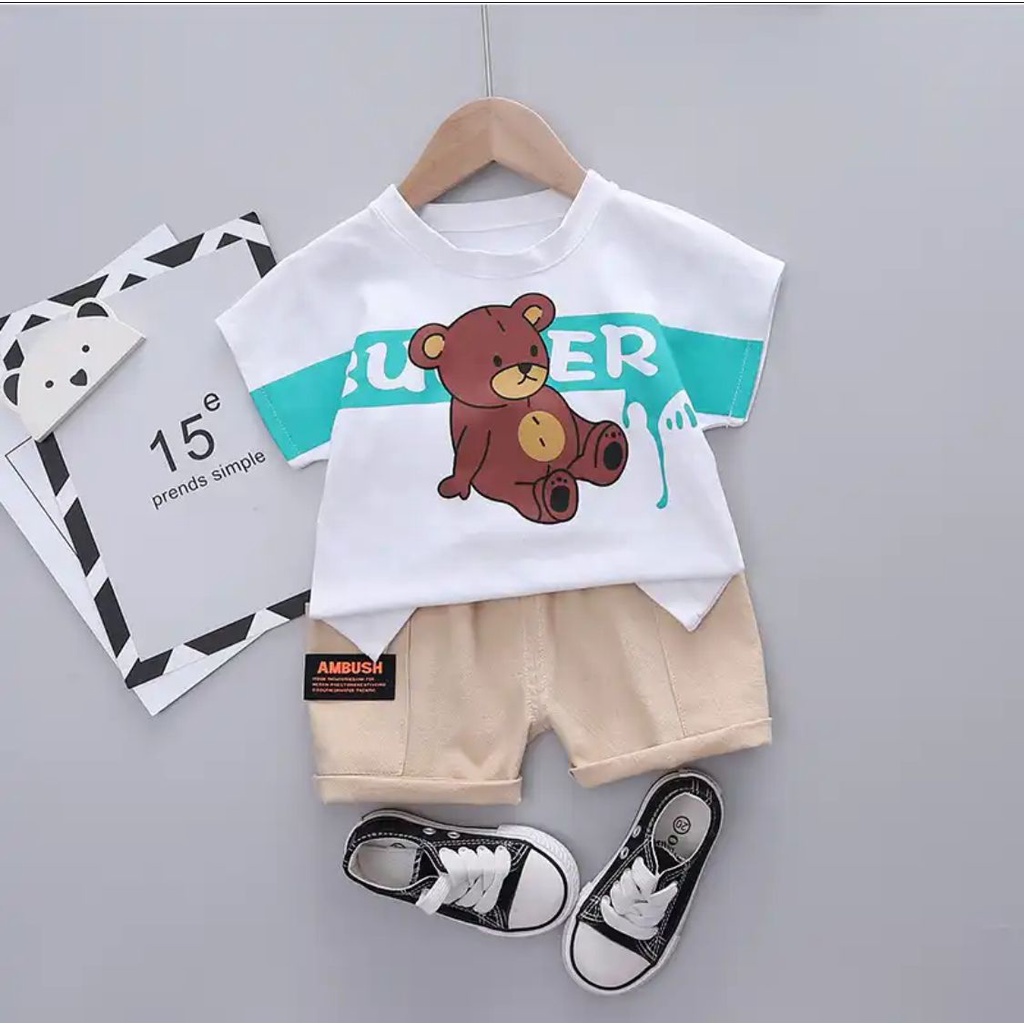 SETELAN ANAK BAJU KAOS CELANA PENDEK BAHAN KATUN ANAK UMUR 1-5 TAHUN MOTIF BEAR SETELAN BAJU ATASAN ANAK LAKI LAKI PEREMPUAN TERBARU