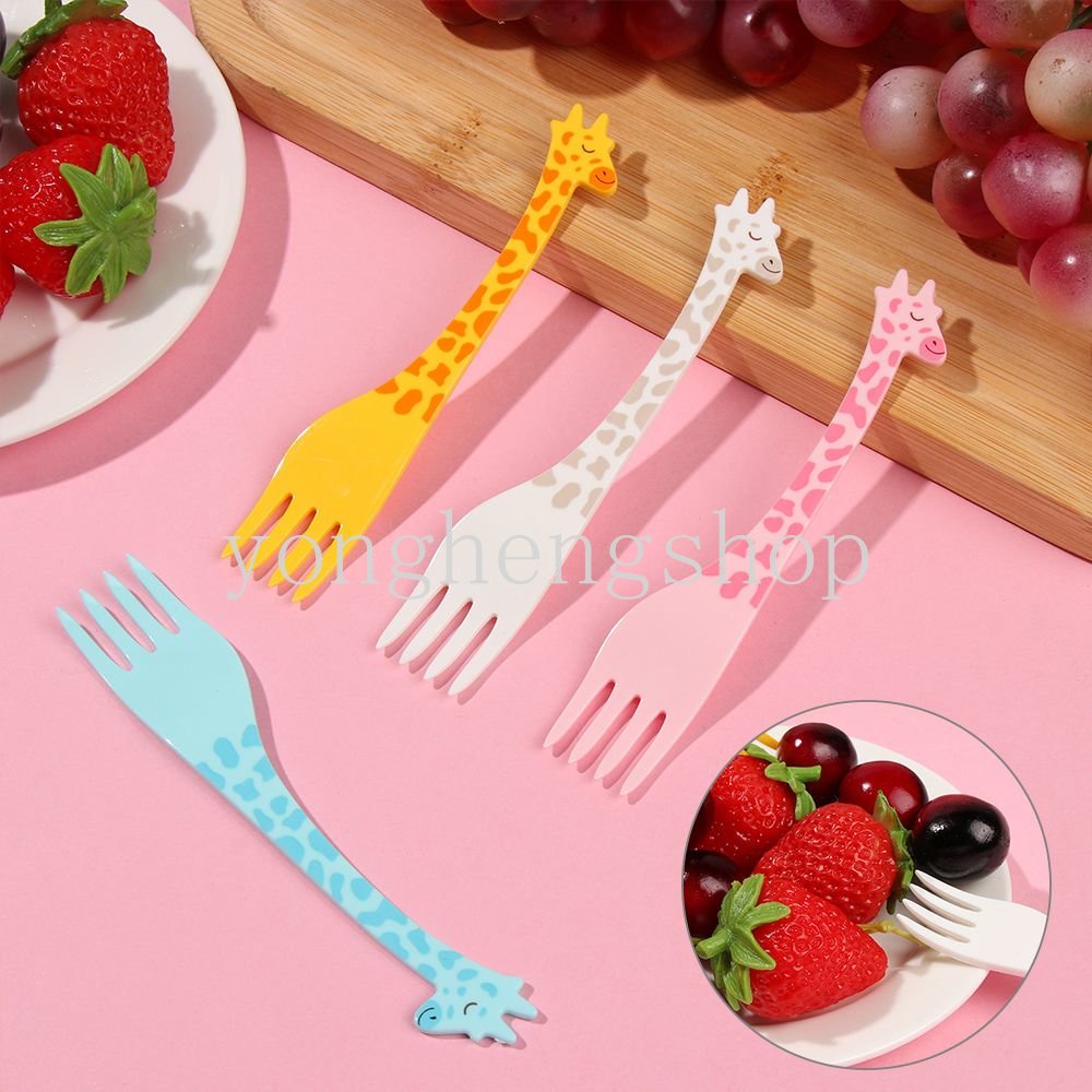 12pcs / set Cartoon Giraffe Shaped Fruit Fork Food Picks Party Snack Salad Desert Cake Forks Toothpick Cutleries Kids Bento Tool Kitchen Accessories