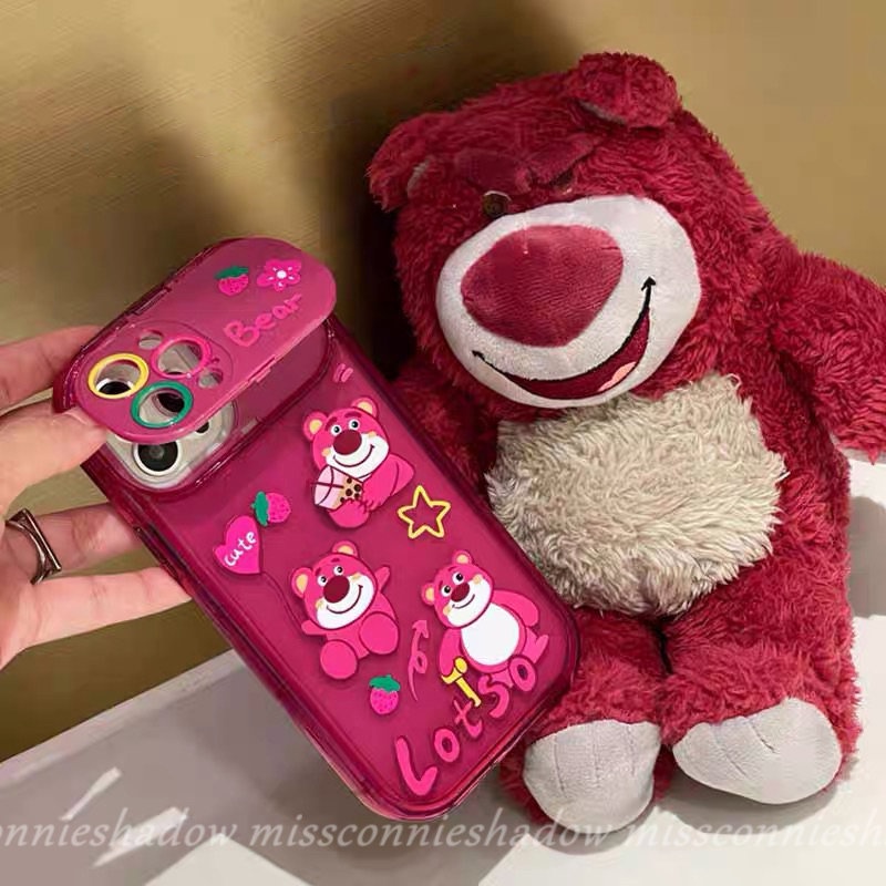 IPHONE Casing Ponsel Cermin Make Up Flip Kreatif Kompatibel Untuk Iphone11 7 8 14 Plus XR 13 12 11 14 Pro MAX XS MAX X SE Rose Red Lucu Kartun Strawberry Bear Manyo Soft TPU Silicon Case