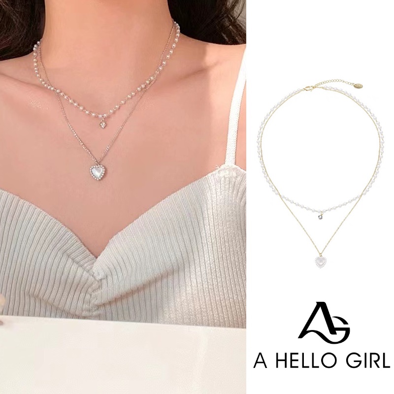Kalung Rantai Klavikula Desain Hati Ganda Aksen Mutiara Untuk Wanita
