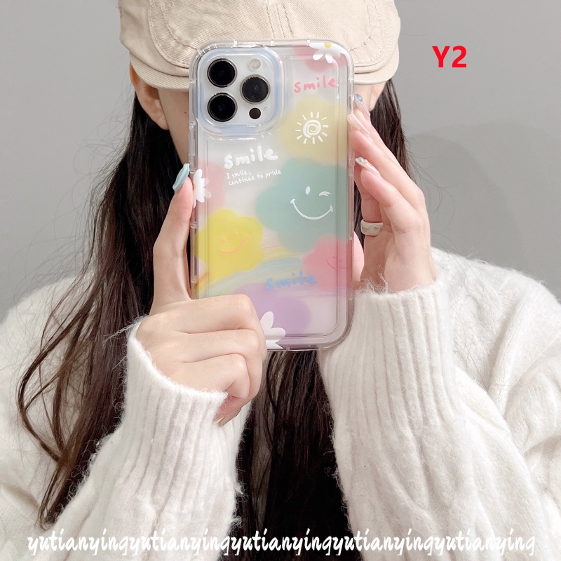 IPHONE Ins Korea Awan Cinta Hati Penutup Belakang Kompatibel Untuk Iphone11 7 8 6 6S Plus XR 14 13 12 Pro MAX X XS MAX Senyum Lucu Segar Cat Air Bunga Lembut TPU Shockproof Airbag Case