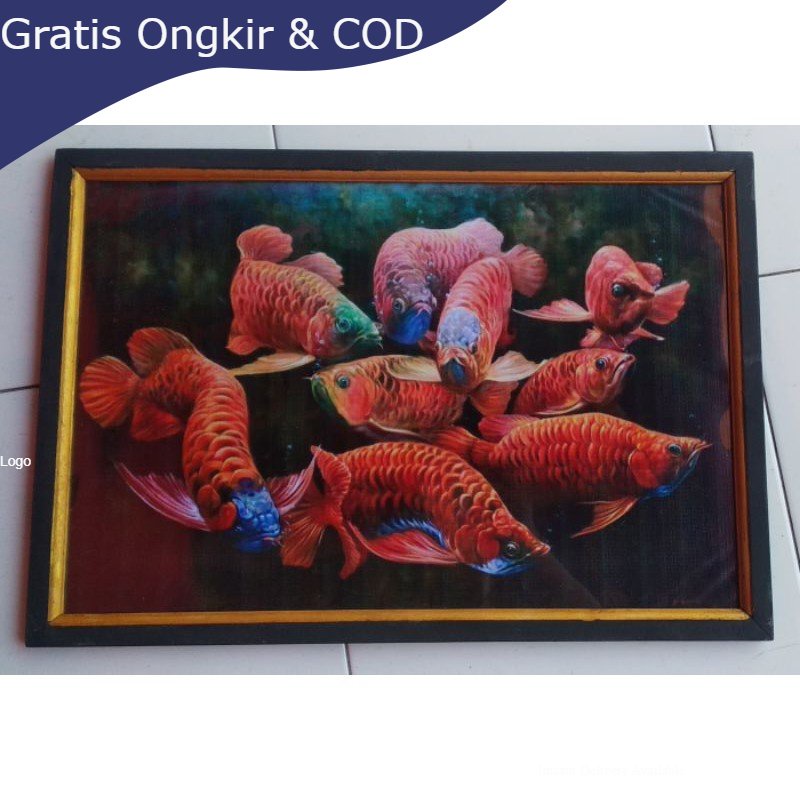Lukisan murah poster murah hiasan dinding gambar  ikan arwana super red plus bingkai ukuran 65×45