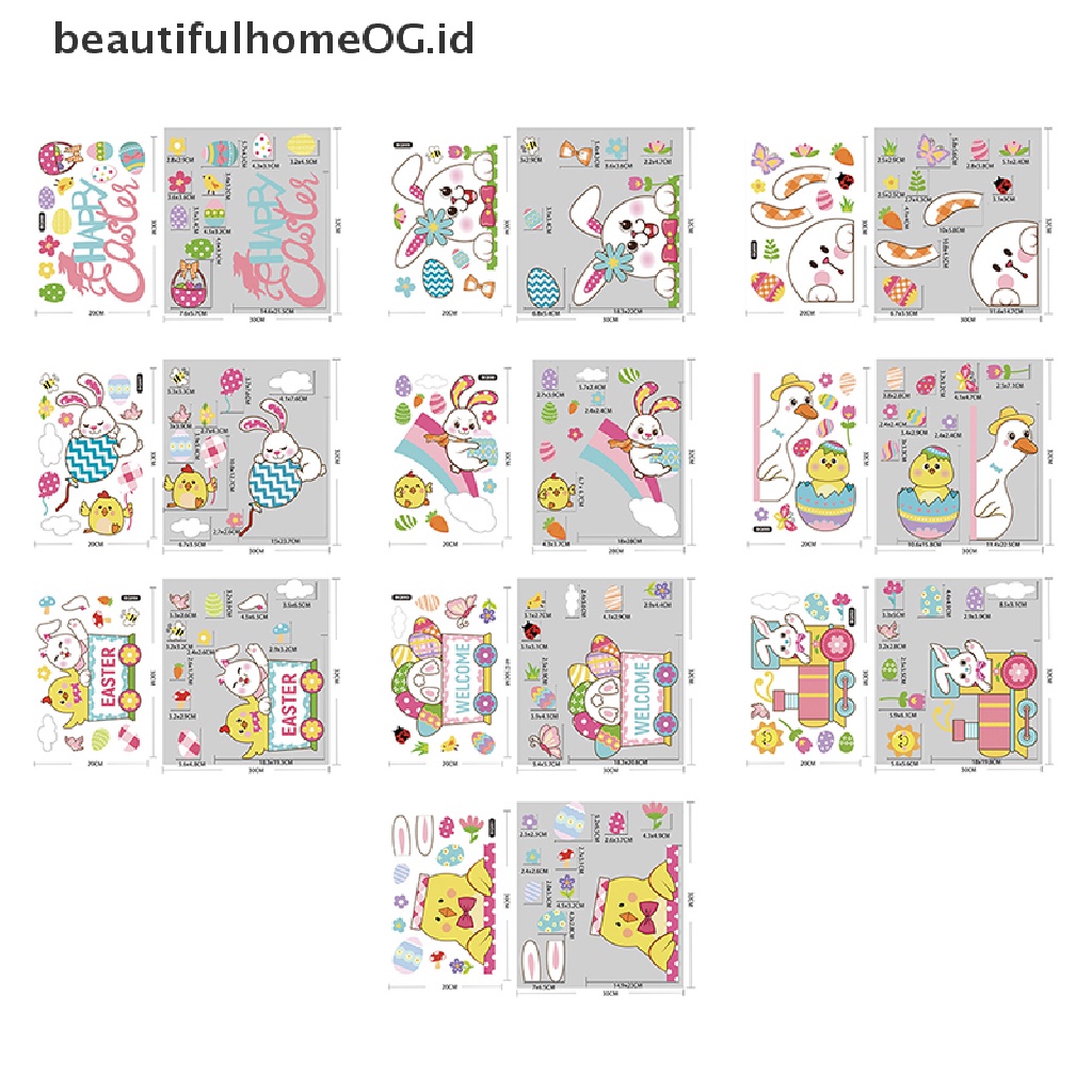 // Beautifulhomeog.id// 1Pc Stiker Jendela Kaca Happy Easter Colorful Bunny Eggs Wall Stickers 20x30cm **