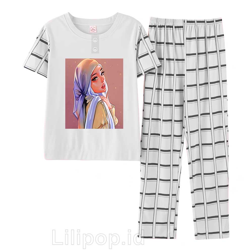 Lilipop.id  Baju Tidur Wanita CP muslimah Setelan Piyama BabyDoll Kaos Celana Panjang