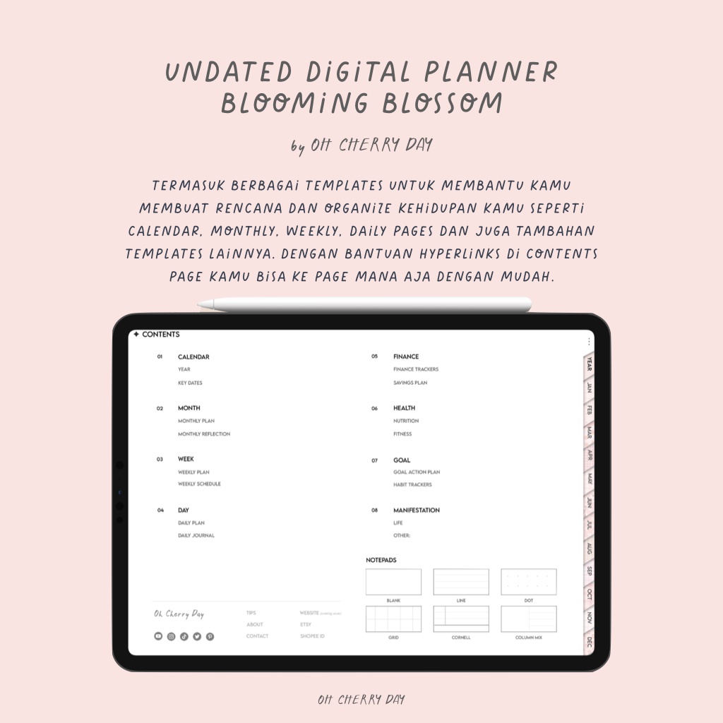 Undated Pink Digital Planner untuk iPad/Tablet Digital Bujo Bullet Journal Notebook Cute Minimalist Digital Stickers - Blooming Blossom