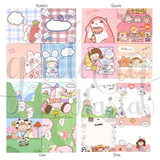 

I34 Memo SET 4 Motif Lucu Cow Dino Rabbit Shark Memopad DIY GH 301124 NEW