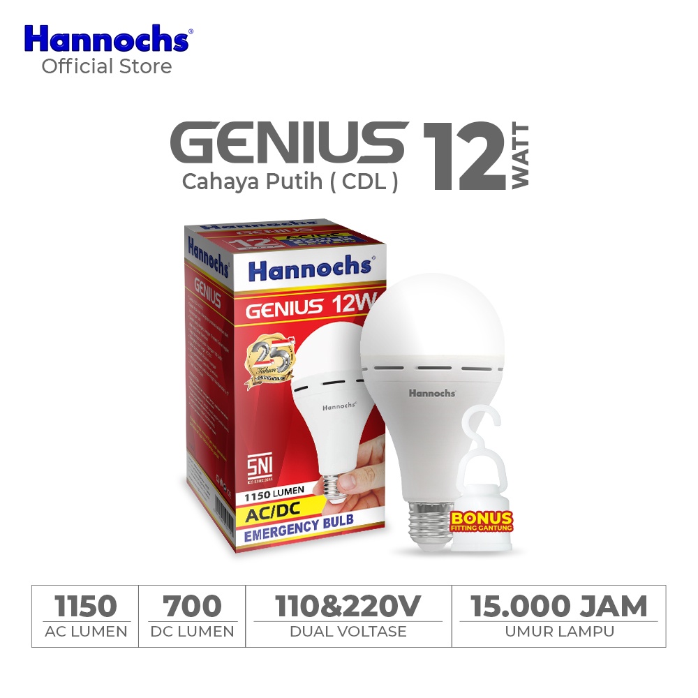 Hannochs Genius Bohlam Lampu LED Emergency 6-8-10-12-15 Watt Cool Daylight Putih BONUS Fitting Gantung