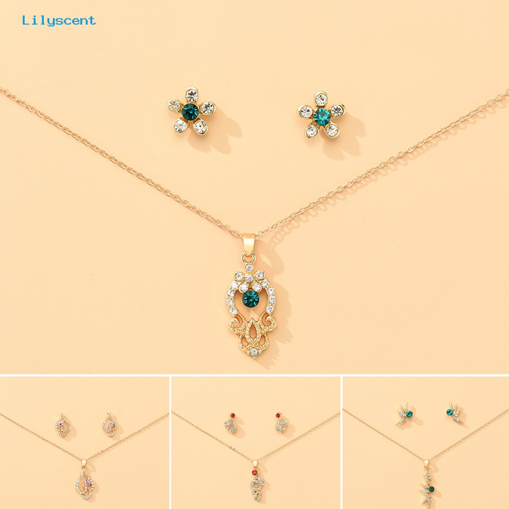 [LS] 1set Wanita Kalung Anting Geometris Elegan Hias Sparkling Adjustable Perhiasan Hadiah Faux Gem Lady Fashion Berlian Imitasi Mengkilap Liontin Kalung Anting Untuk Pesta