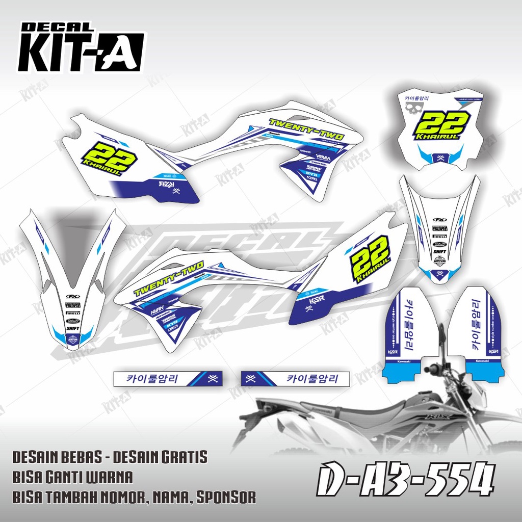 Decal KLX 150 BF full body WARNA PUTIH LIST BIRU D-A3-554
