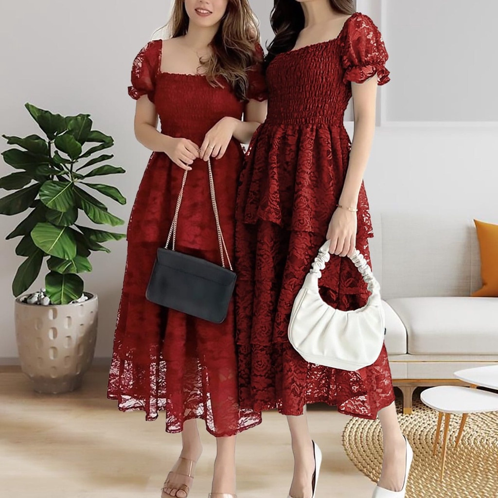 Dresss Simple Brukat Pesta Natal Wanita Remaja Casual Modis Elegan Adem Kondangan Trandy Model Terba