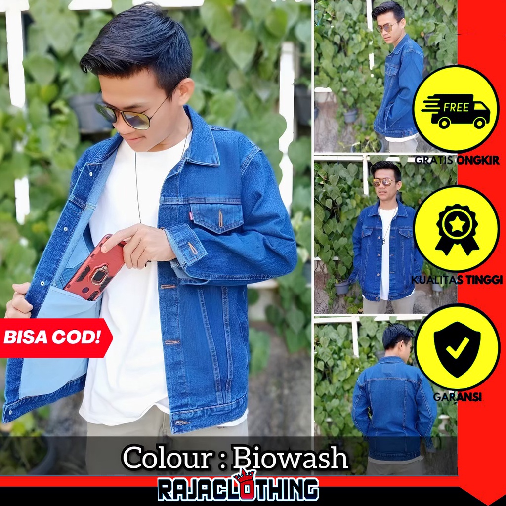 RCL - Jaket Jeans Denim Pria Regular Biru Wash Best Seller / Jaket Jeans Denim Pria Jumbo Big Size Cowok Polos Biru Dongker Oversize Premium Quality