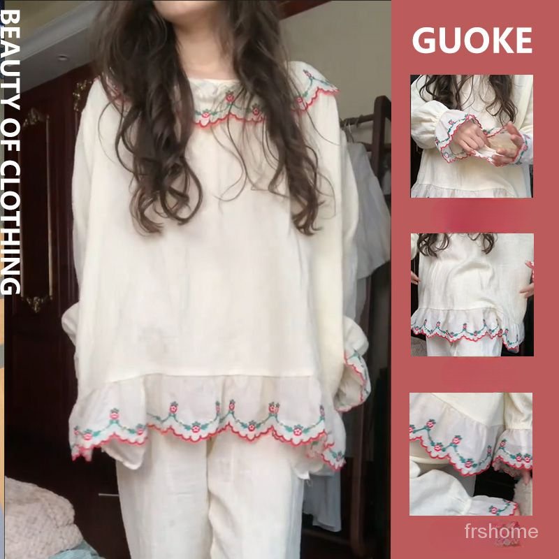 Gadis manis bersulam rasa desain piyama lengan panjang set piyama wanita musim semi dan musim gugur