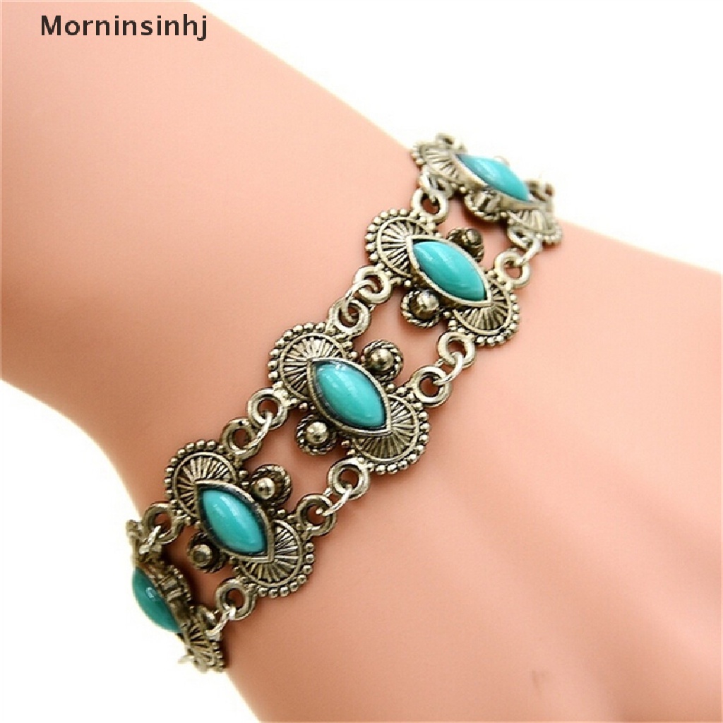 Mornin Sexy Bohemian Fashion Wanita Perak Turquoise Bangle Gelang Pergelangan Tangan Band Perhiasan id