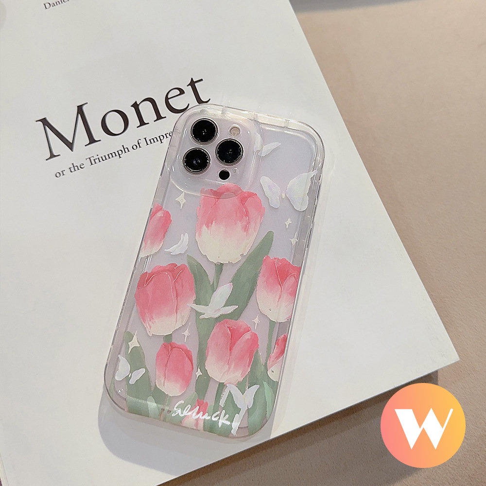 IPHONE Segar Musim Semi Bunga Tulip Bening Case Kompatibel Untuk Iphone13 11 14 12 Pro Max X7 8 6 6s Plus XR XS Max SE 2020 Fashion Kupu-Kupu Lembut TPU Airbag Shockproof Back Cover