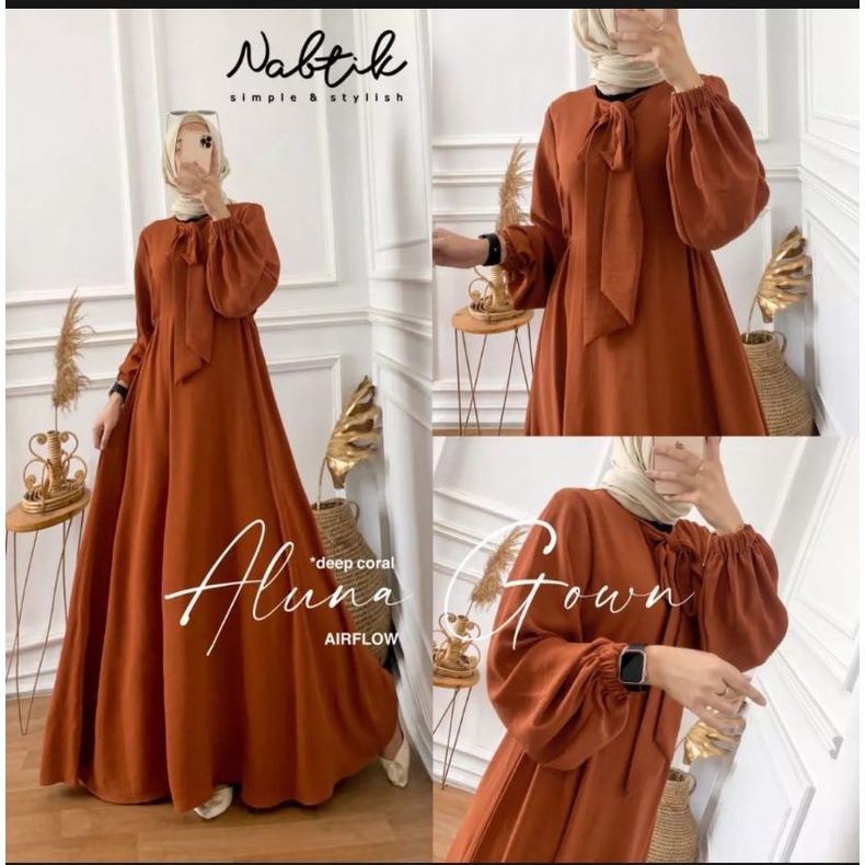 PROMO GAMIS ALUNA GOWN SERIES GAMIS POLOS WARNA HITAM GAMIS LEBARAN WARNA PUTIH