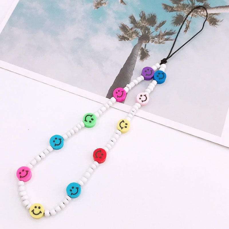 Smile Face Soft Clay Candy Color Rice Beads Chain Dengan Mutiara Tali Telepon Anti Hilang Untuk iPhone Android OPPO VIVO Huawei Xiaomi Redmi Samsung Semua Ponsel Earphone Cases