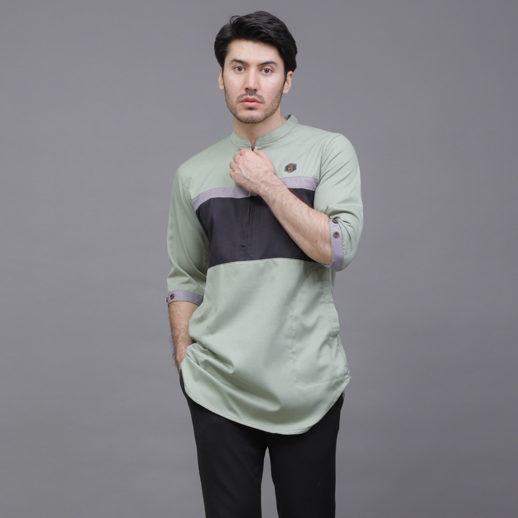 PROGRESS MAN Baju Muslim Pria Dewasa Premium  Kurta Koko Cowok Original Lengan Tiga Perempat kurta Pakistan Terbaru Lebaran 2023 Warna MINT