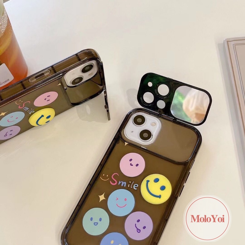 Lovely Smile Flip Make Up Mirror Case Kompatibel Untuk IPhone 7Plus 8Plus 13 11 14 12 Pro MAX XR 7 8 14 Plus X XS MAX SE 2020 Soft Case Tahan Guncangan