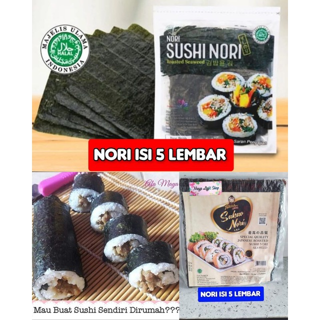 paket nori sushi 5 lembar + bambu penggulung bambu sushi seaweed rumput laut sushi bento