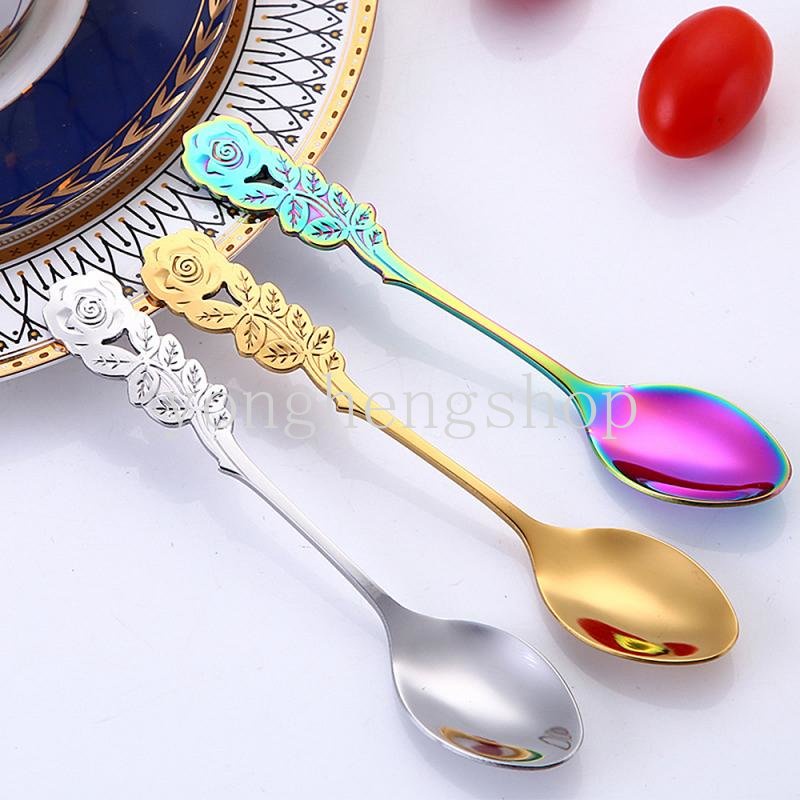 Kreatif Bentuk Bunga Mawar Handle Sendok Garpu Buah Stainless Steel Cutleries Kopi Teh Sendok Pengaduk Es Krim Sendok Dessert Spoon Tableware