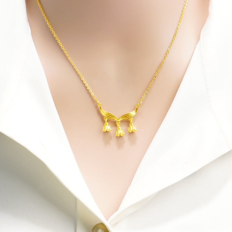 Goldkingdom Perhiasan Fashion 24 K Bangkok Aksesoris Ready Stock Lily of The Bell Terbuka Kalung Temperamen Wanita Gaya Nasional Liontin Pengerjaan